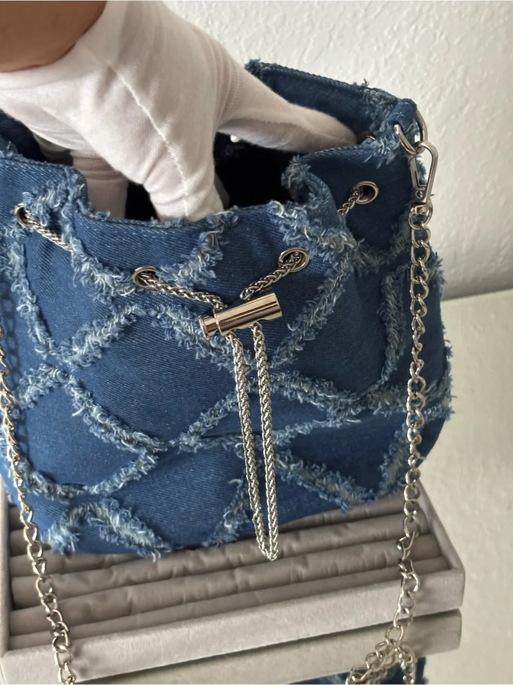 Denim Bucket Bag Frayed Patchwork Silver Chain Crossbody Shoulder Purse Blue
